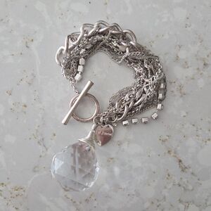 Betsy Johnson Multi Layered Silver Chain Statement Bracelet with Crystal Pendant